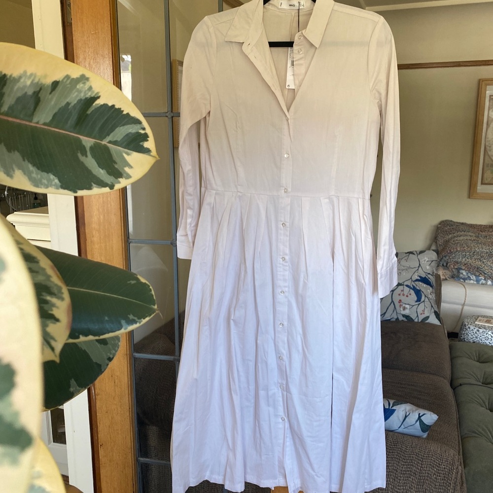 Mango Linen Pleated Collared Midi Dress NWT